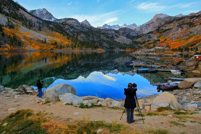 Lake Sabrina reflecting the surrounding Eastern Sierra before sunrise