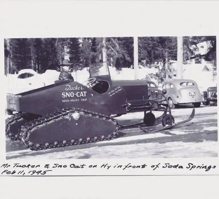 a Tucker Sno-Cat parked in front of Soda Springs in 1945